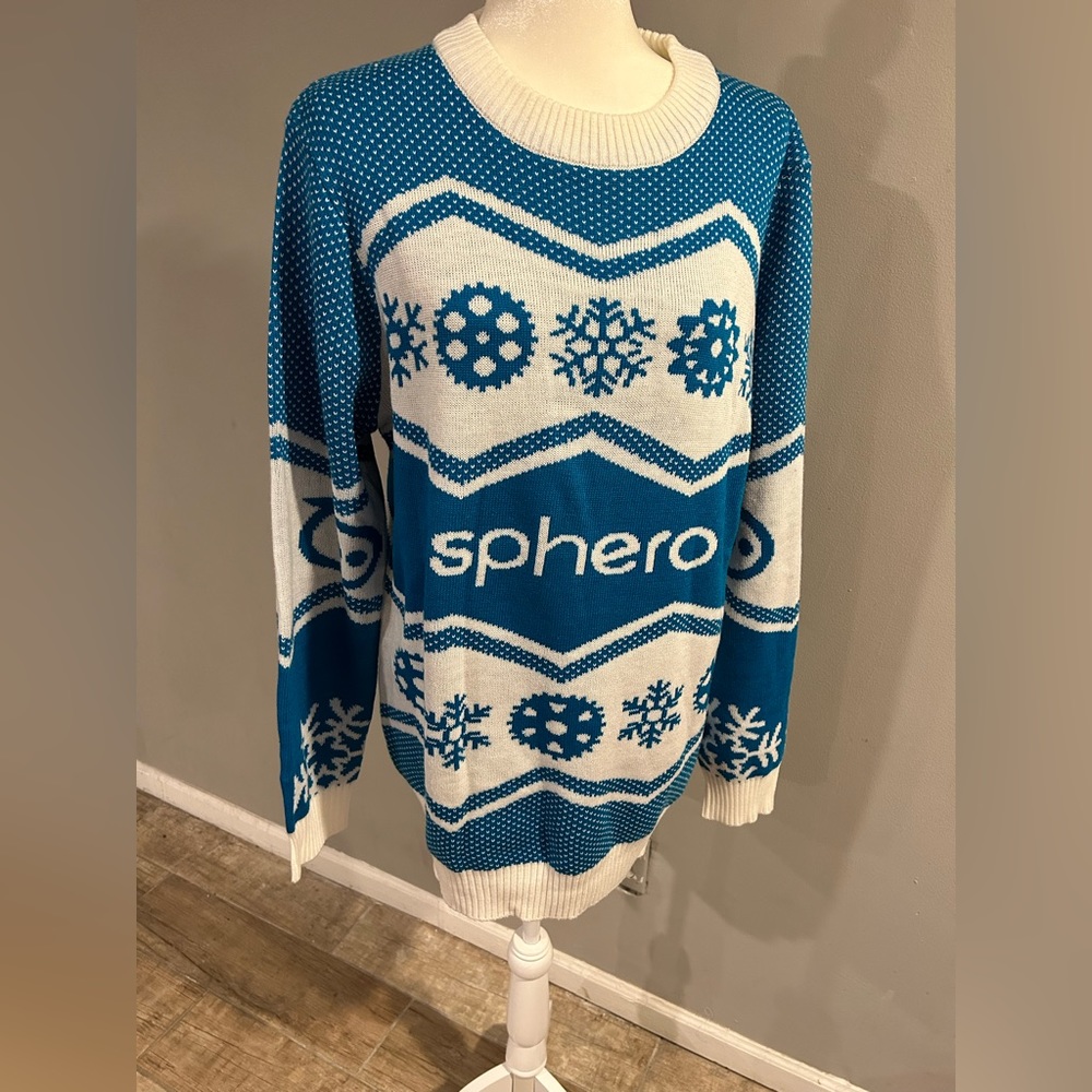 Sphero Ugly Christmas Sweater Finrod’s Festive Wear Large Blue White Snowflake